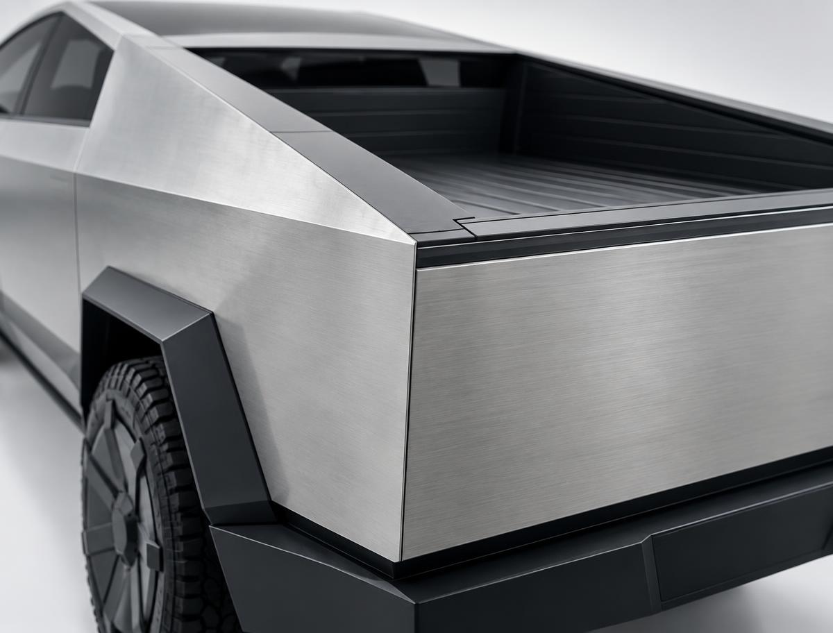 Close view of the Cybertruck's brushed stainless body and cargo bed