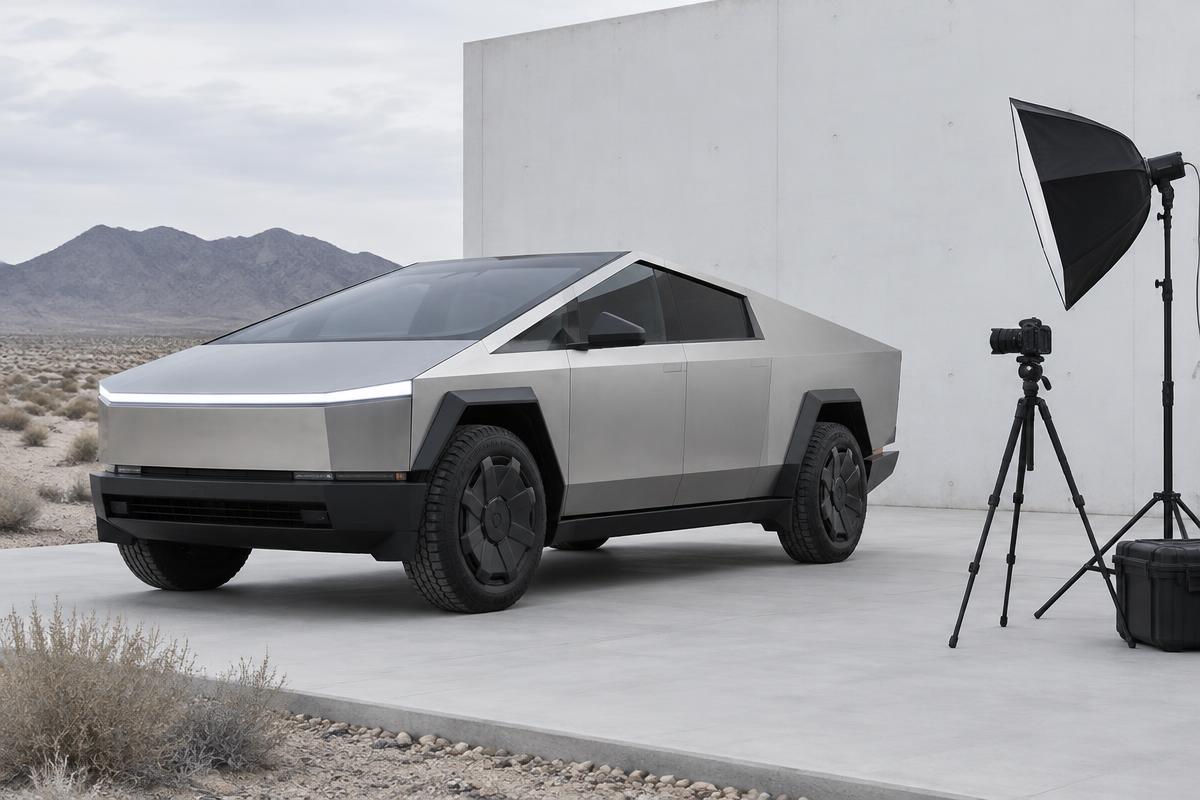 Cybertruck in front of a white concrete wall with a camera setup beside it