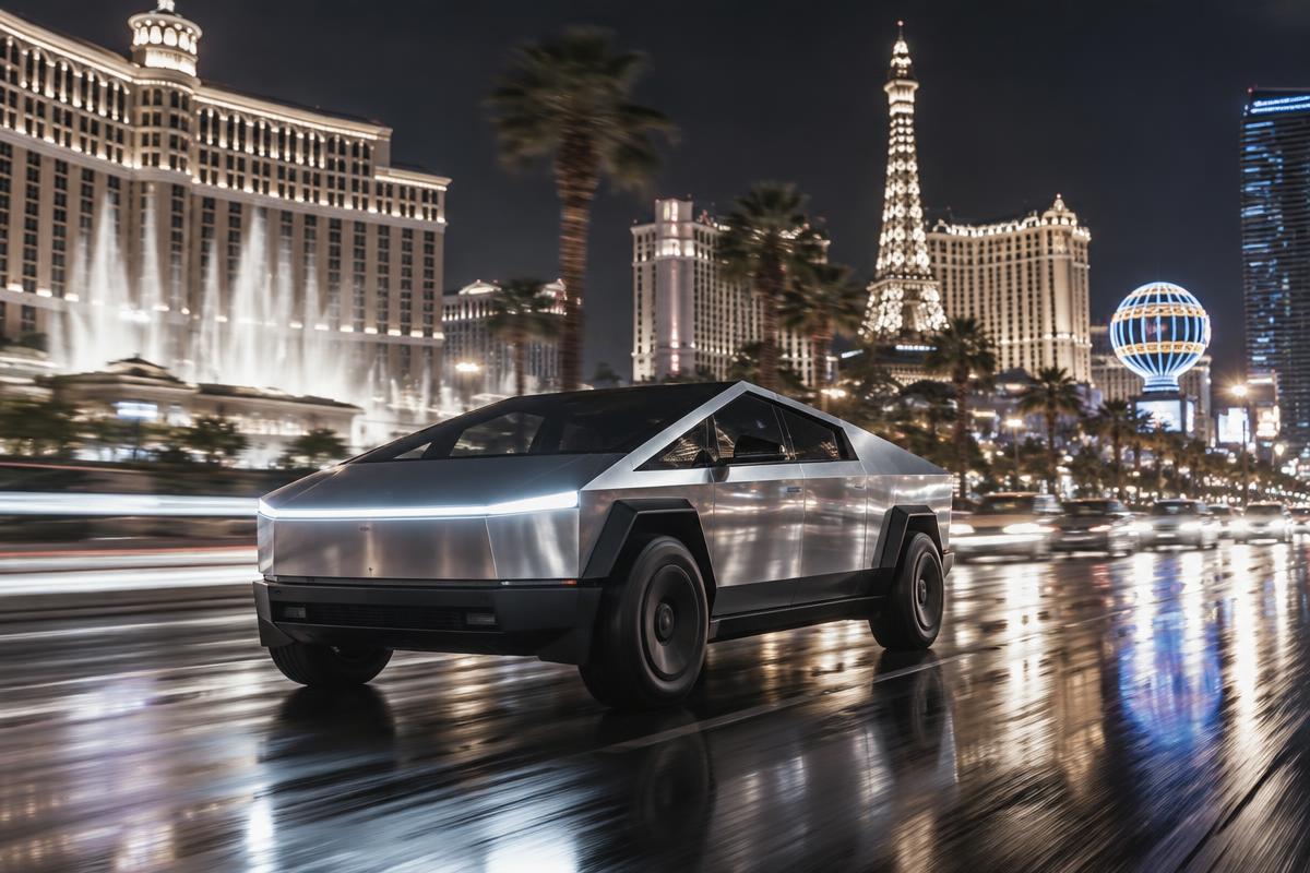 Cybertruck driving past neon on the Las Vegas strip at night